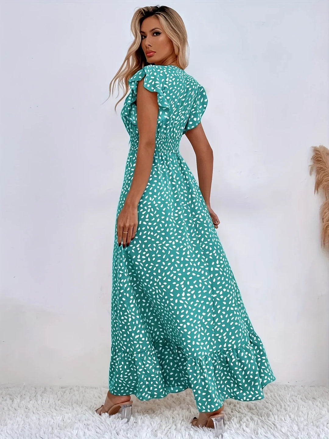 Flora Print Ruches Sukienka | Stylowa i Modna-XS-Morela-Trend Polska