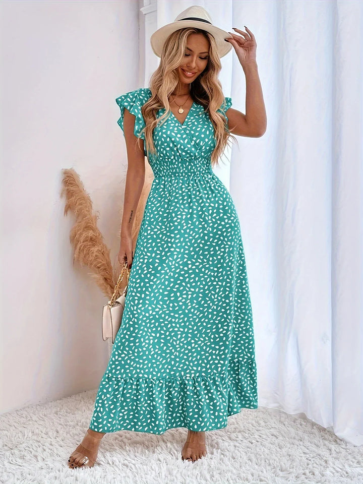 Flora Print Ruches Sukienka | Stylowa i Modna-XS-Miętowy niebieski-Trend Polska