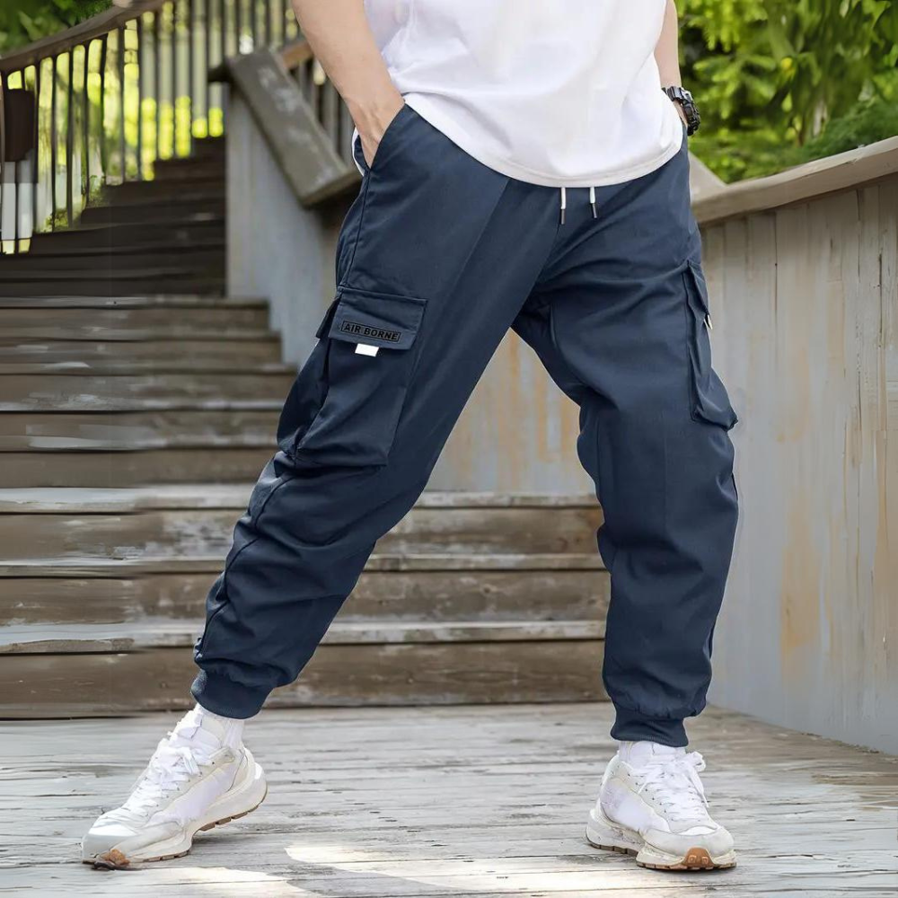 Funkcjonalne spodnie cargo z drawcordem - Maxwell-Niebieski-S-Trend Polska
