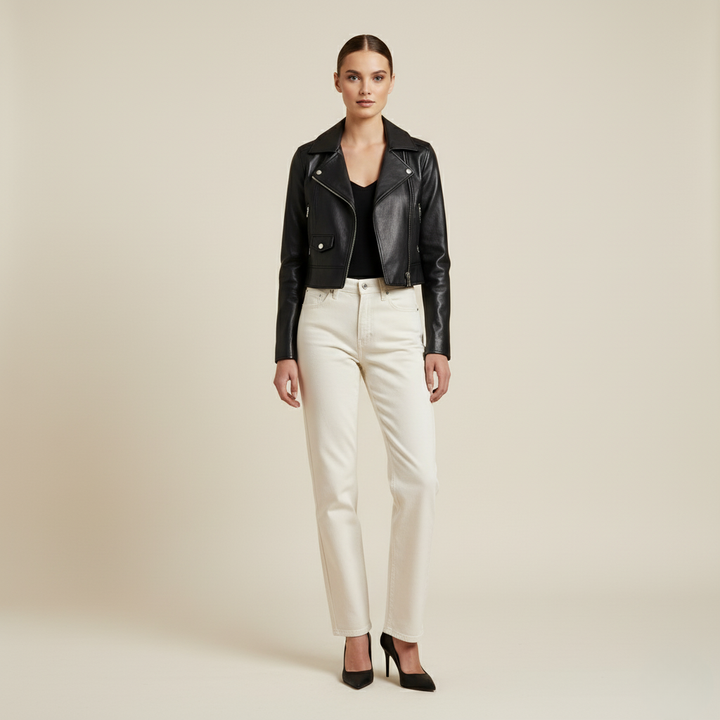 Damska krótka czarna skórzana kurtka