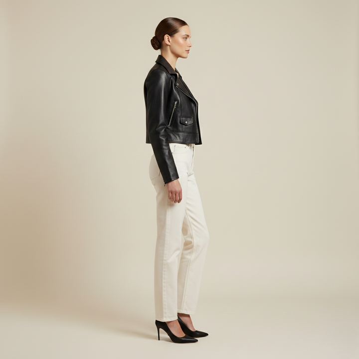 Damska krótka czarna skórzana kurtka