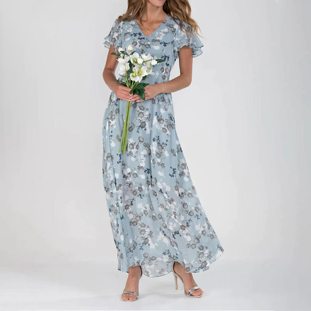 Gina - Stylowa Midi Sukienka w Kwiaty-Niebo niebieskie-XS-Trend Polska