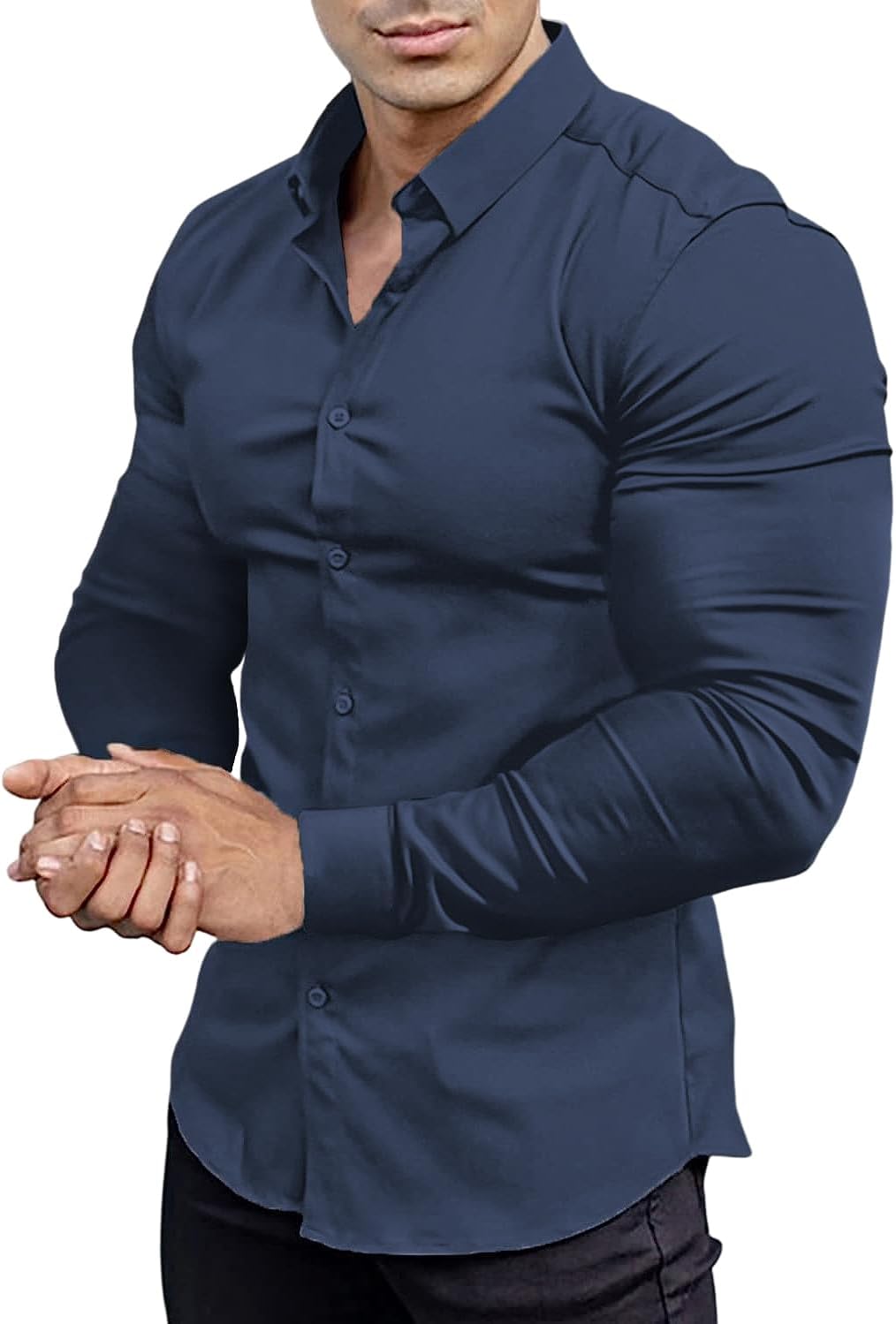 Gładka slim fit koszula męska - David-ciemnoniebieski-S-Trend Polska