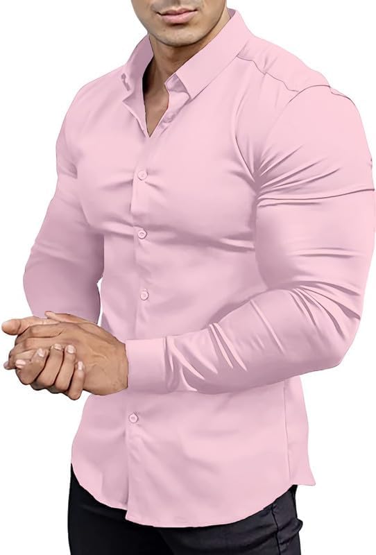 Gładka slim fit koszula męska - David-Różowy-S-Trend Polska