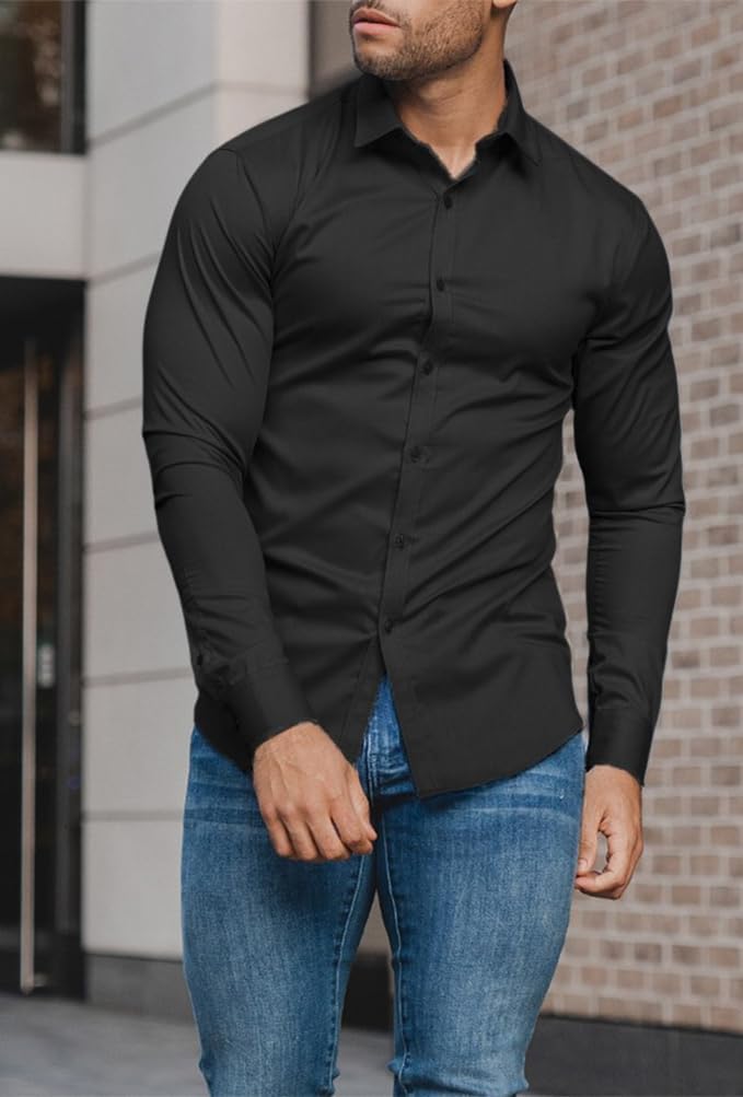 Gładka slim fit koszula męska - David-Czarny-S-Trend Polska