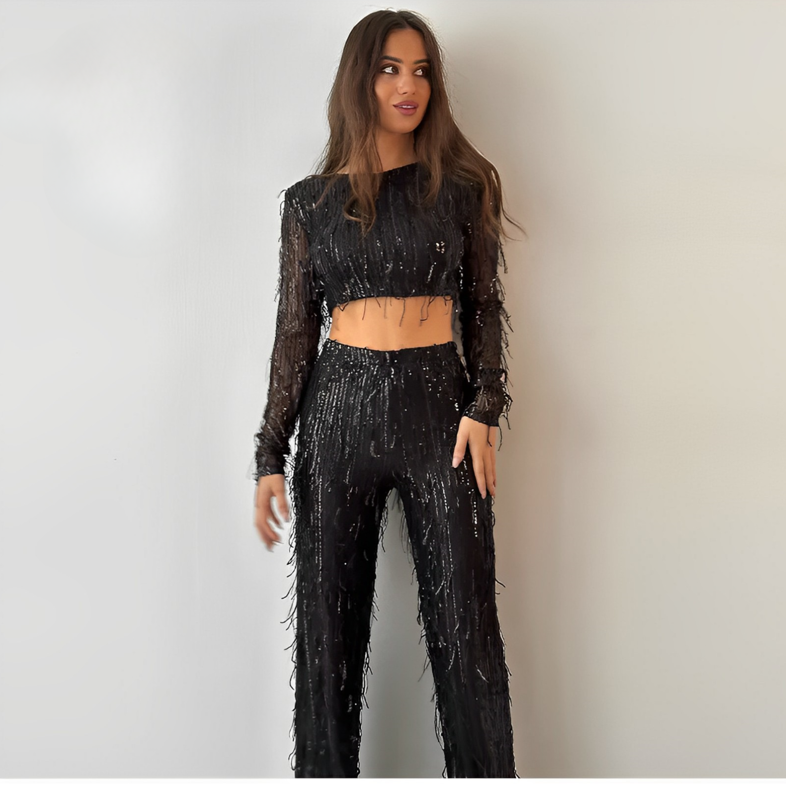 Glamourowy zestaw z cekinami dla kobiet – Celina-Czarny-S-Trend Polska