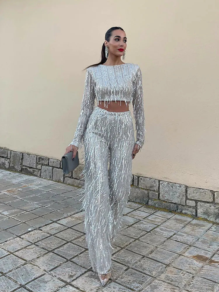 Glamourowy zestaw z cekinami dla kobiet – Celina-Beżowy-S-Trend Polska