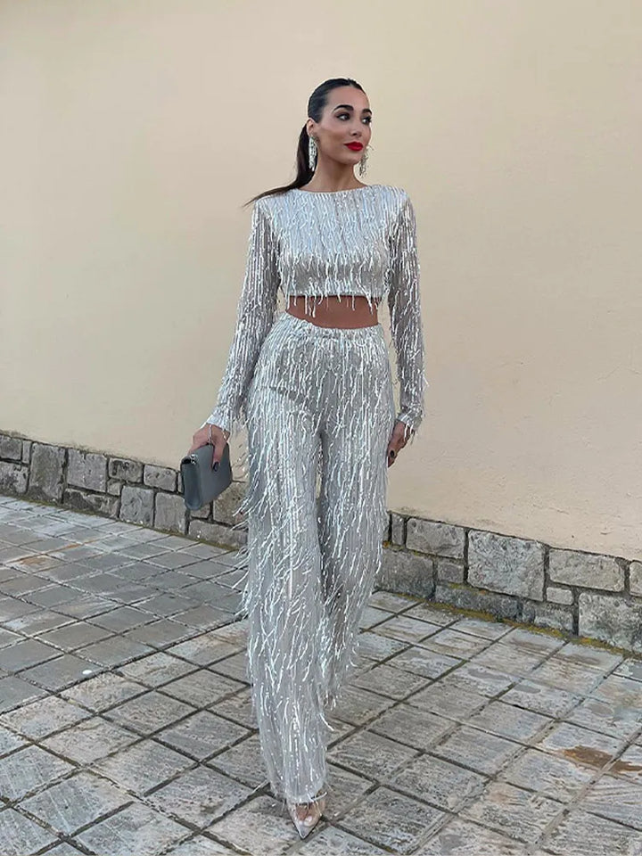 Glamourowy zestaw z cekinami dla kobiet – Celina-Beżowy-S-Trend Polska