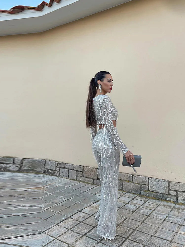 Glamourowy zestaw z cekinami dla kobiet – Celina-Beżowy-S-Trend Polska
