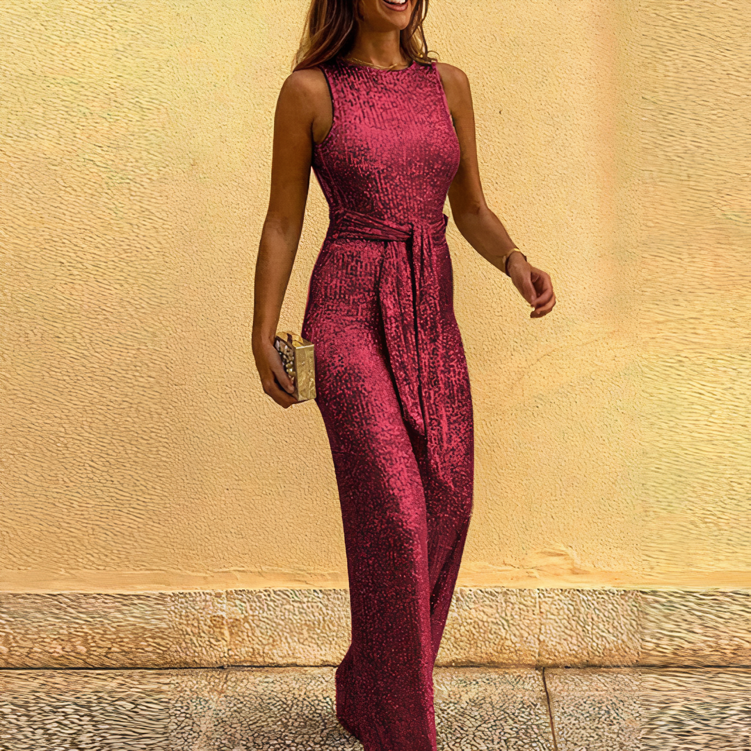 Glamourystyczny błyszczący kombinezon - Celeste-Czerwony-S-Trend Polska