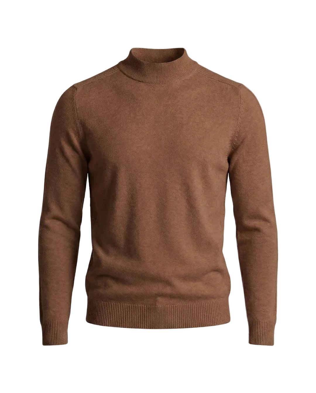 Sweter w kolorze brązowym ze stójką, ujęcie z przodu z ściągaczami przy mankietach i dole 3