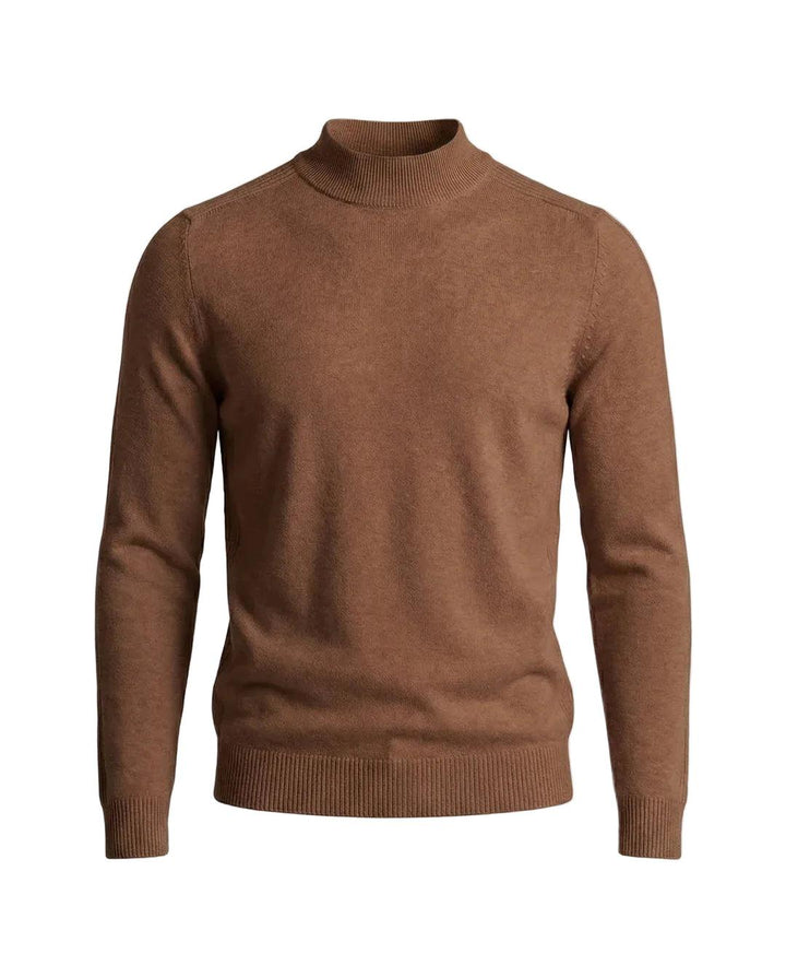 Sweter w kolorze brązowym ze stójką, ujęcie z przodu z ściągaczami przy mankietach i dole 3