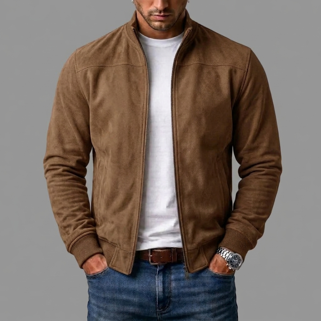 Mężczyzna w brązowej kurtce bomber z imitacji zamszu, rozpiętej na białym t-shircie, z rękami w kieszeniach jeansów. 4