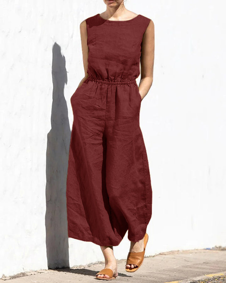 Jumpsuit bez rękawów z szeroką nogawką – Aurelia-Czerwony wino-S-Trend Polska