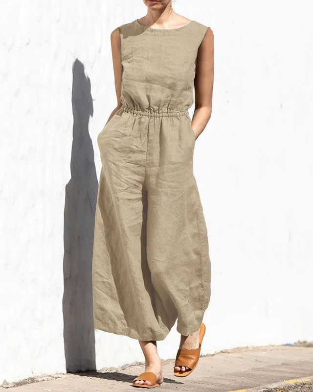 Jumpsuit bez rękawów z szeroką nogawką – Aurelia-Khaki-S-Trend Polska
