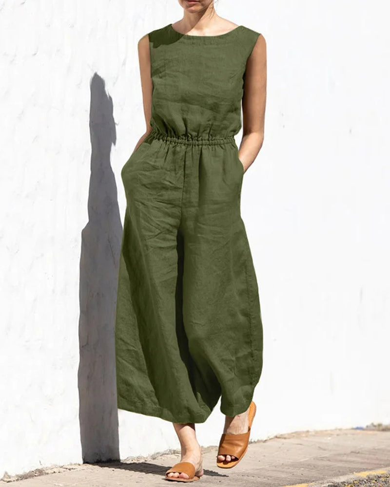 Jumpsuit bez rękawów z szeroką nogawką – Aurelia-Zielony wojskowy-S-Trend Polska
