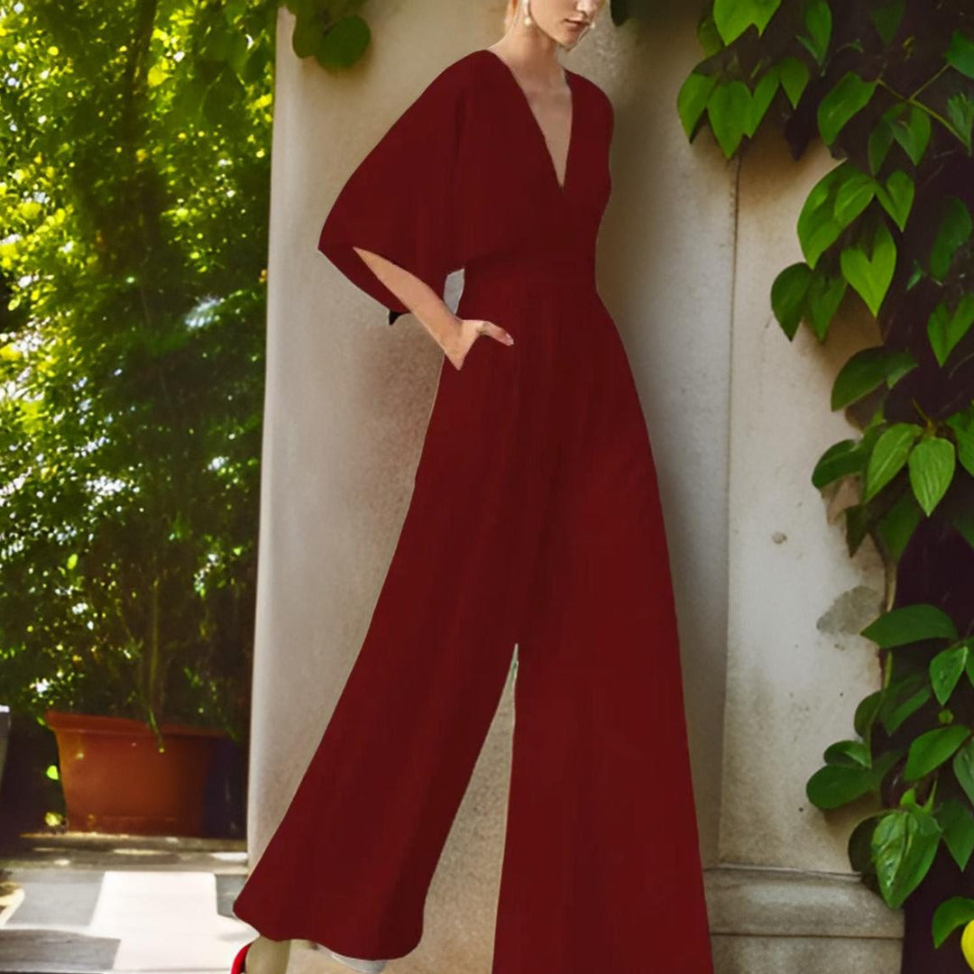 Jumpsuit z de swetrem V - Aurora Chic-Ciemnoczerwony-S-Trend Polska