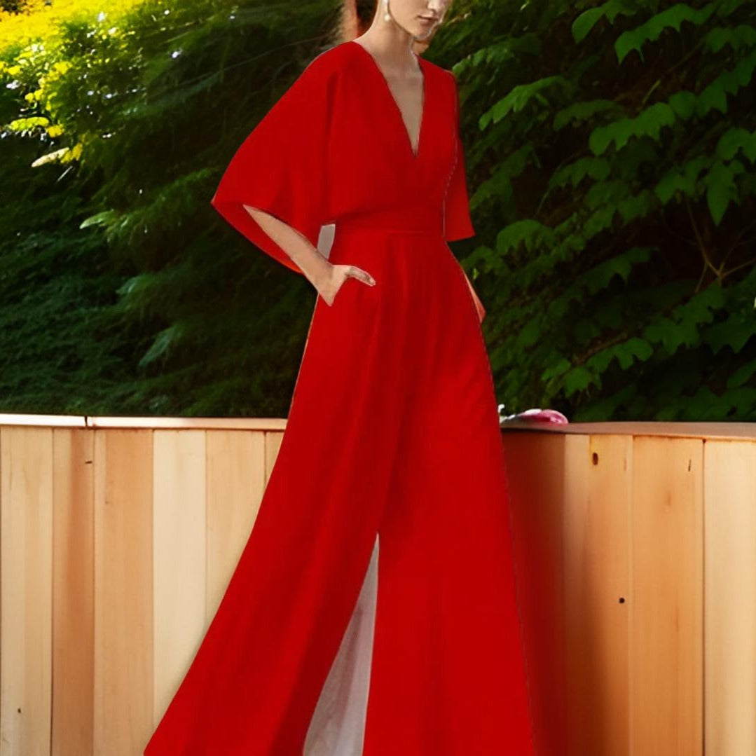 Jumpsuit z de swetrem V - Aurora Chic-Czerwony-S-Trend Polska