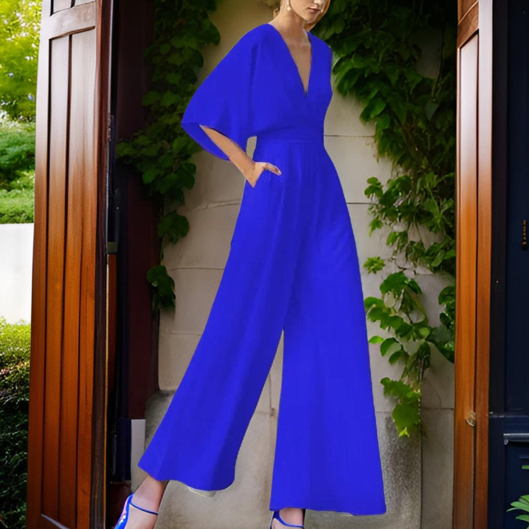 Jumpsuit z de swetrem V - Aurora Chic-Niebieski-S-Trend Polska