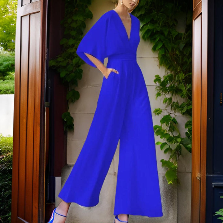 Jumpsuit z de swetrem V - Aurora Chic-Niebieski-S-Trend Polska