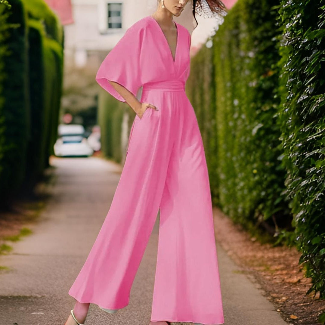 Jumpsuit z de swetrem V - Aurora Chic-Różowy-S-Trend Polska