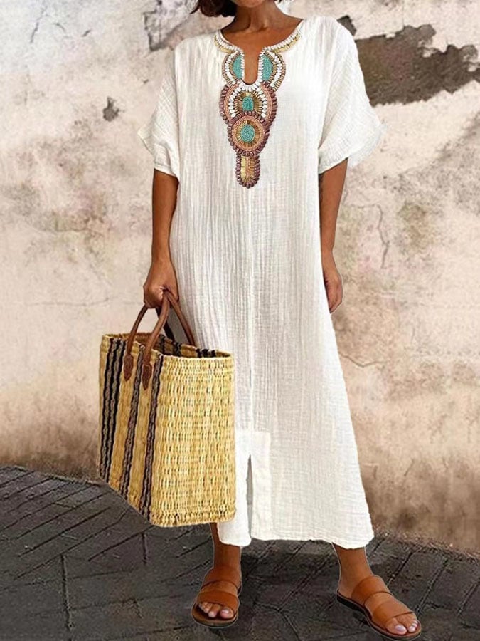 Kaftan Maxi-sukienka z haftami – Yasmin-Biały-XS-Trend Polska