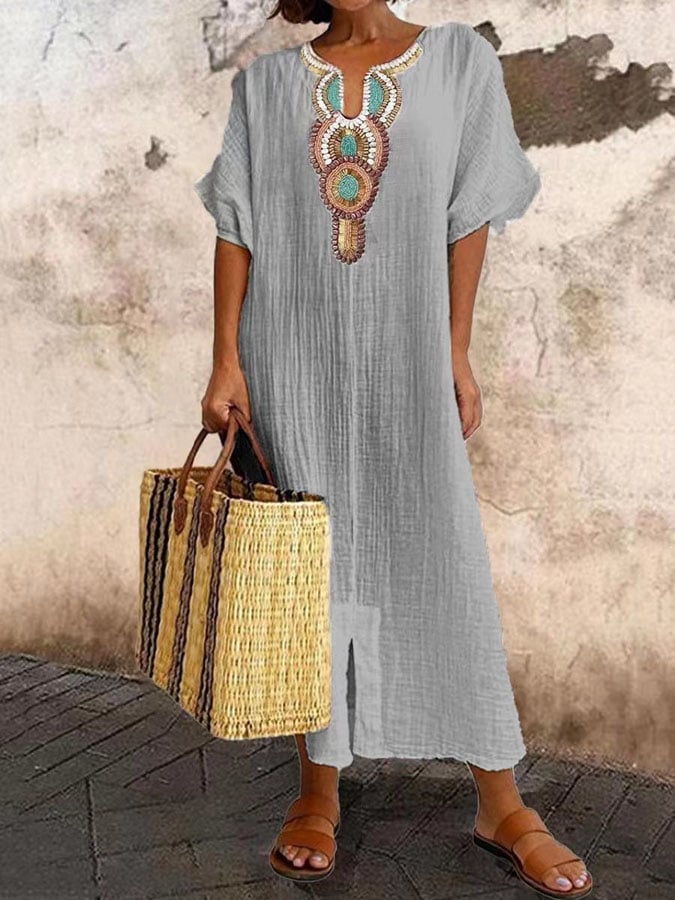 Kaftan Maxi-sukienka z haftami – Yasmin-Szary-XS-Trend Polska