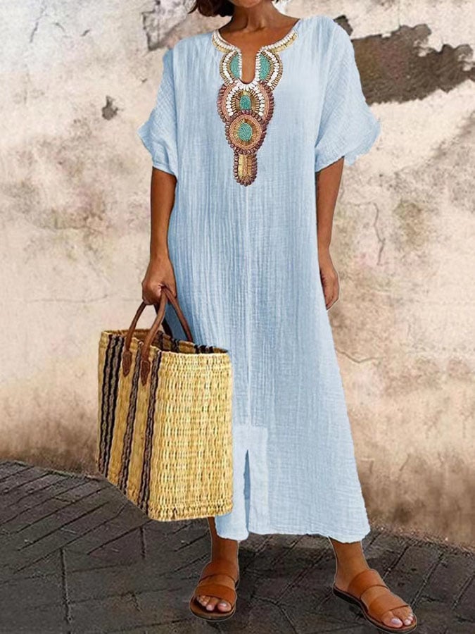 Kaftan Maxi-sukienka z haftami – Yasmin-Biały-XS-Trend Polska