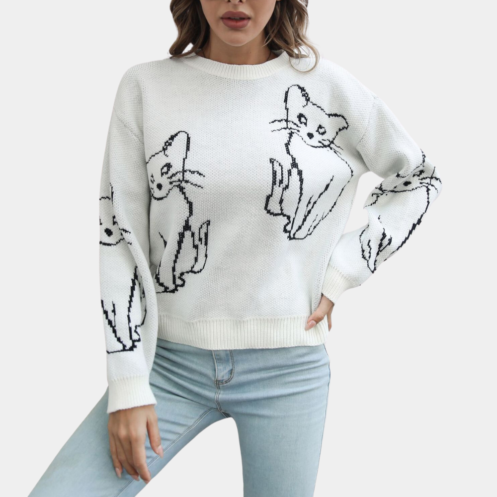 Kebell - Modny sweter damski z kotami-Biały-XS-Trend Polska