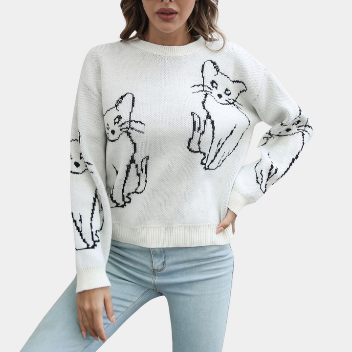 Kebell - Modny sweter damski z kotami-Biały-XS-Trend Polska
