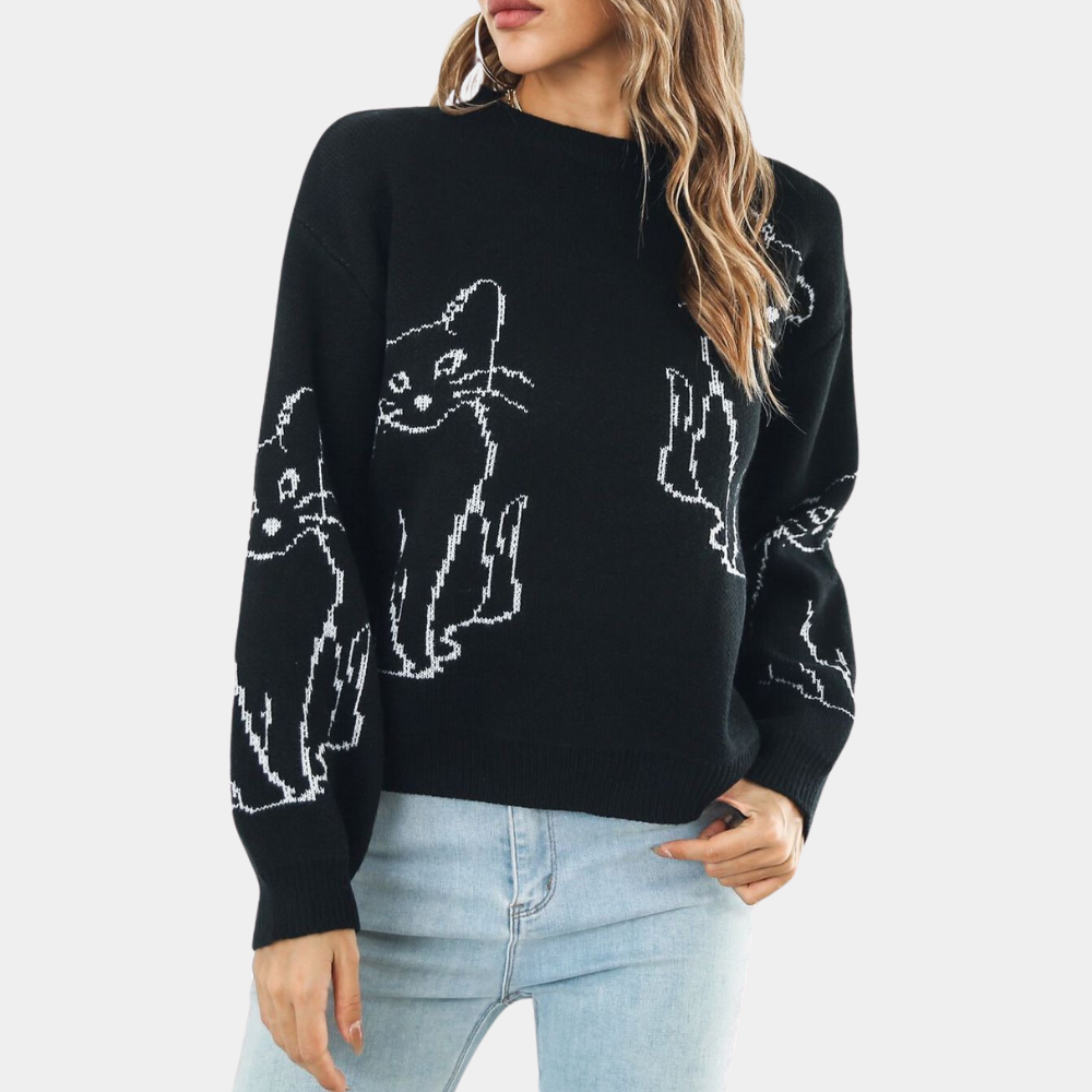 Kebell - Modny sweter damski z kotami-Czarny-XS-Trend Polska