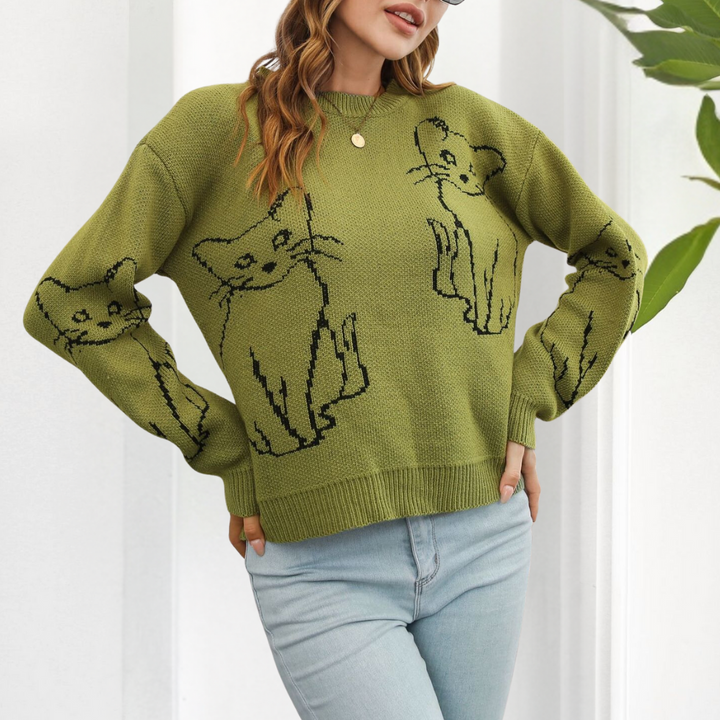 Kebell - Modny sweter damski z kotami-Zielony-XS-Trend Polska
