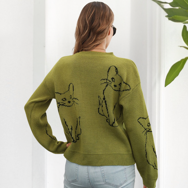 Kebell - Modny sweter damski z kotami-Zielony-XS-Trend Polska