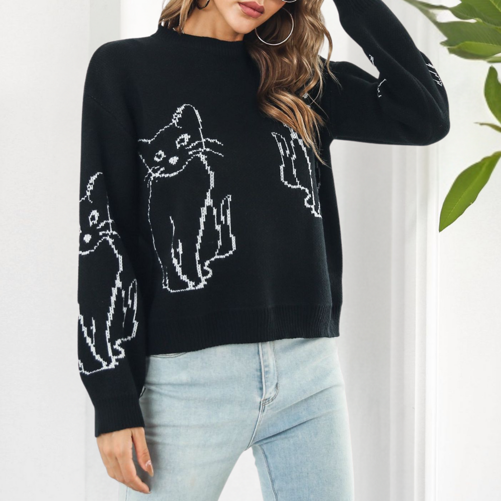Kebell - Modny sweter damski z kotami-Zielony-XS-Trend Polska