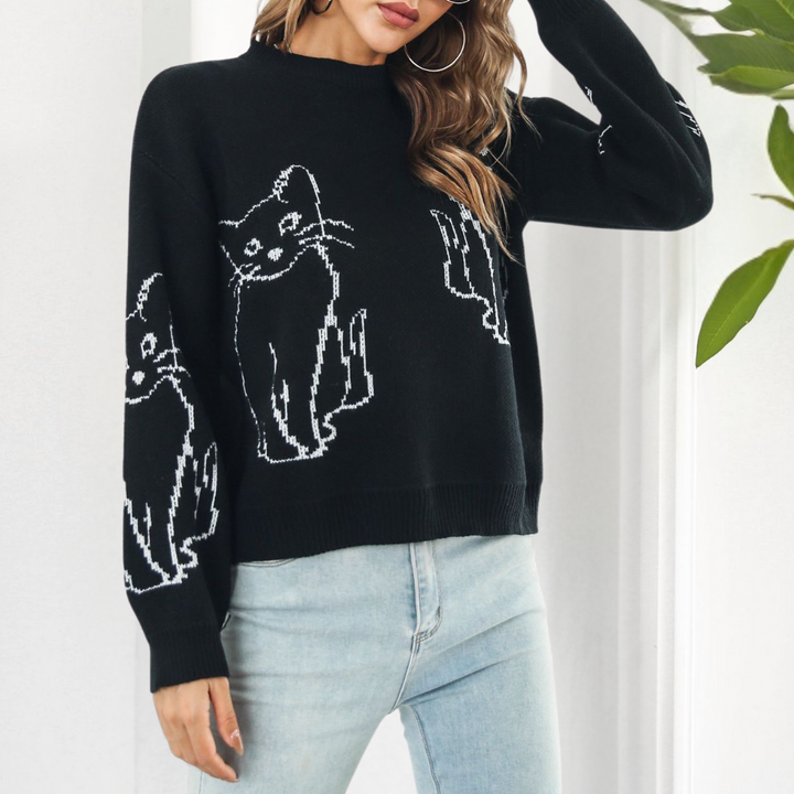 Kebell - Modny sweter damski z kotami-Zielony-XS-Trend Polska