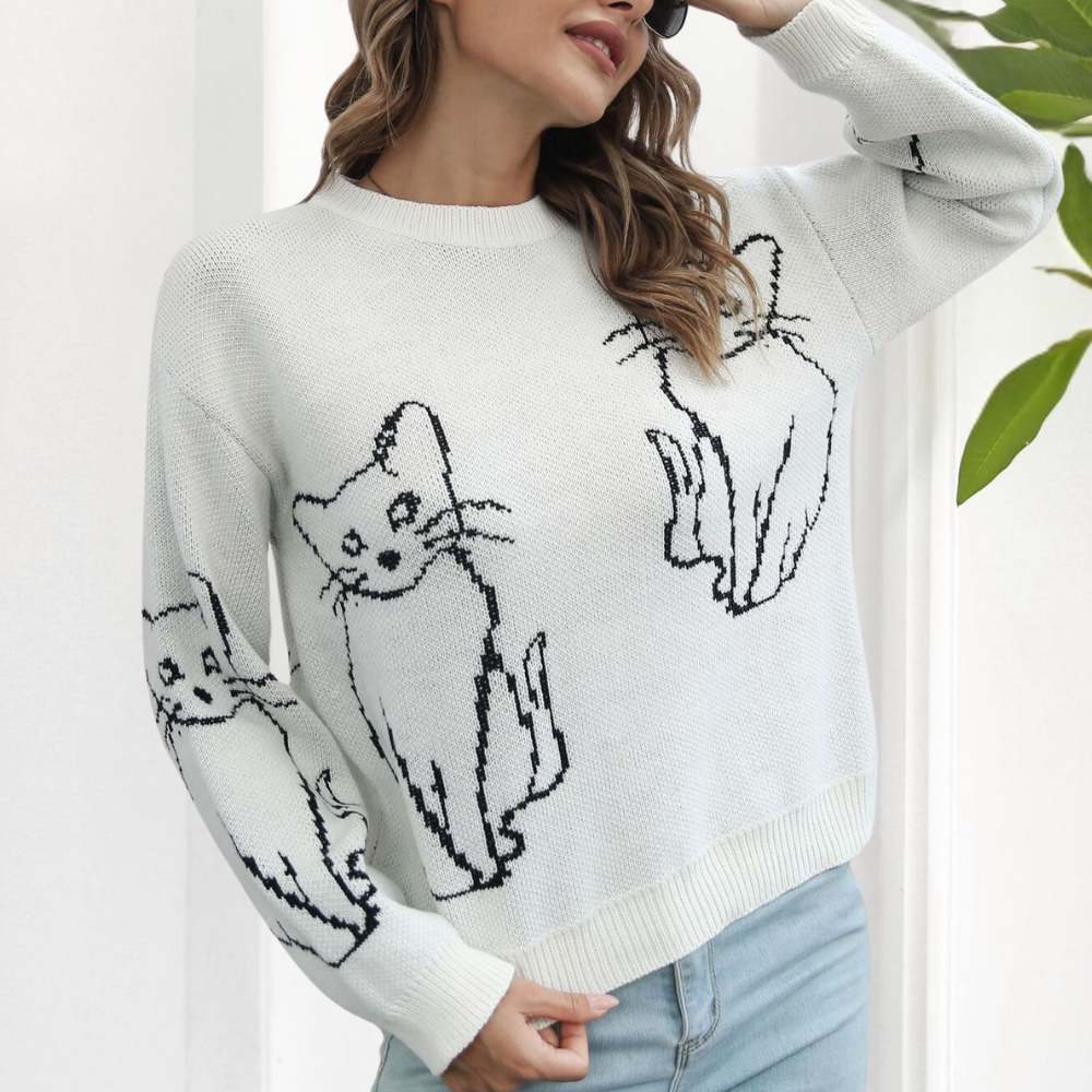 Kebell - Modny sweter damski z kotami-Zielony-XS-Trend Polska