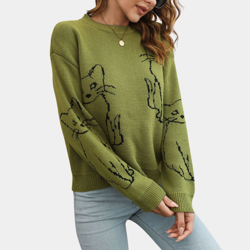 Kebell - Modny sweter damski z kotami-Zielony-XS-Trend Polska