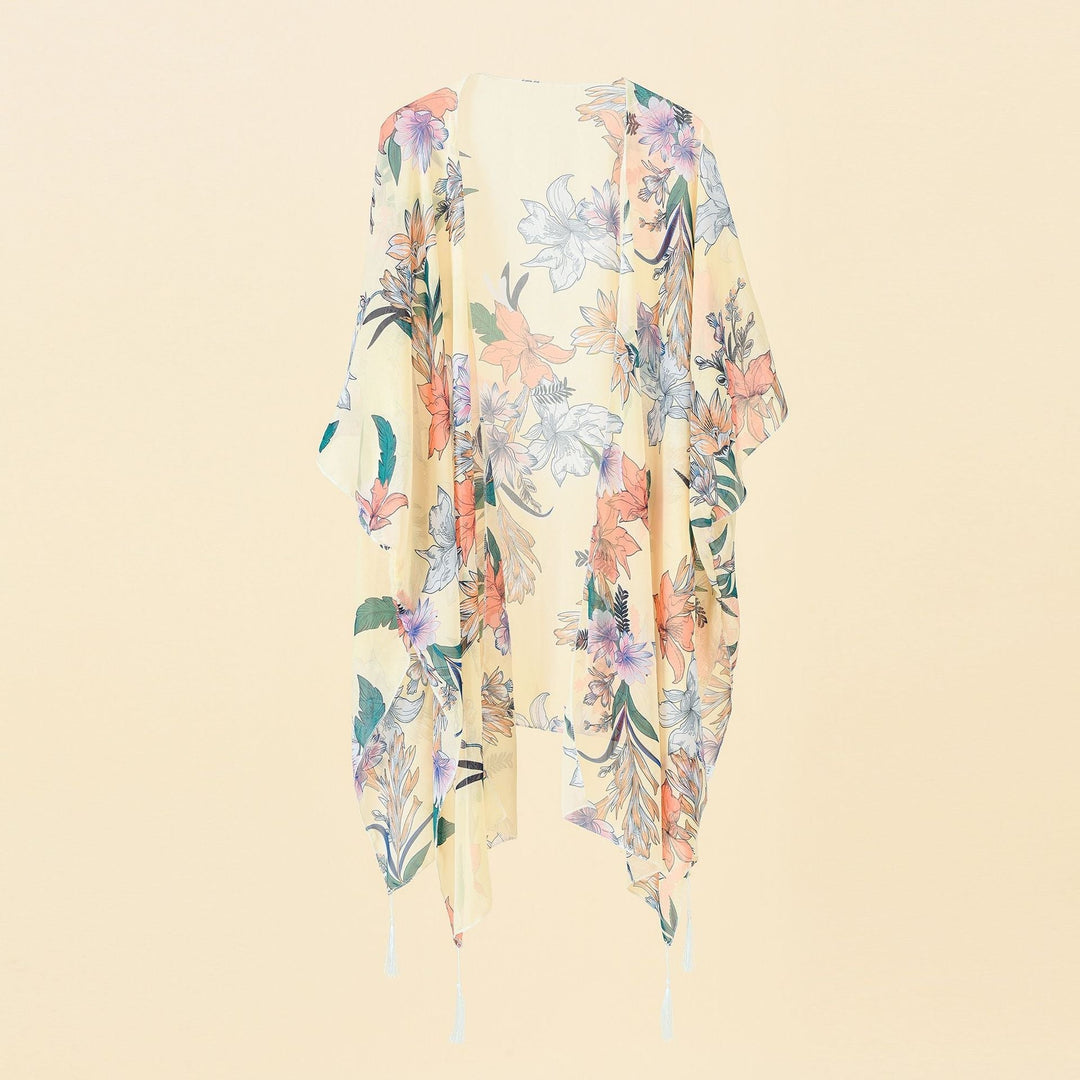 Kimono zakrycie z nadrukiem kwiatowym i frędzlami – Liora-Żółty Różowy-Trend Polska