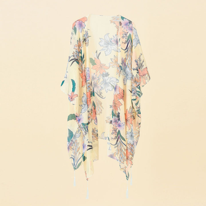 Kimono zakrycie z nadrukiem kwiatowym i frędzlami – Liora-Żółty Różowy-Trend Polska