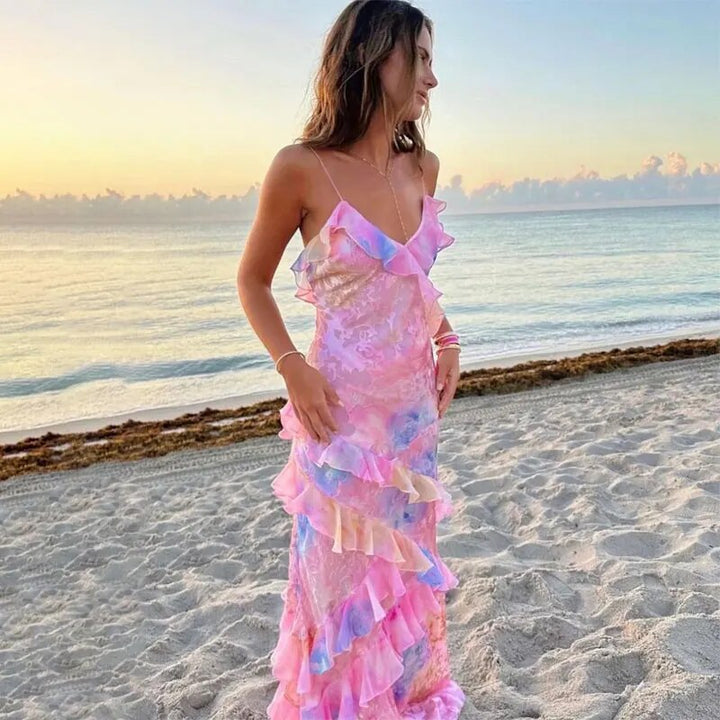 Kolorowa letnia sukienka z falbanami – Liora-Różowy-S-Trend Polska