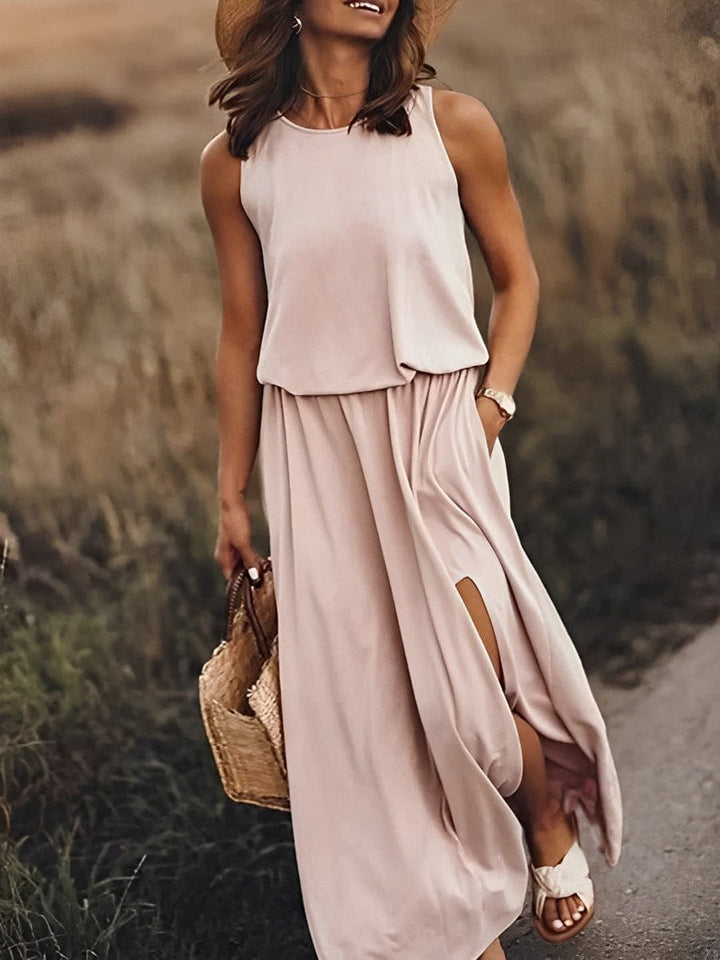 Kolorowa Stylowa Sukienka Letnia - Sophie Richter-Beżowy-S-50% ZNIŻKI!-Trend Polska