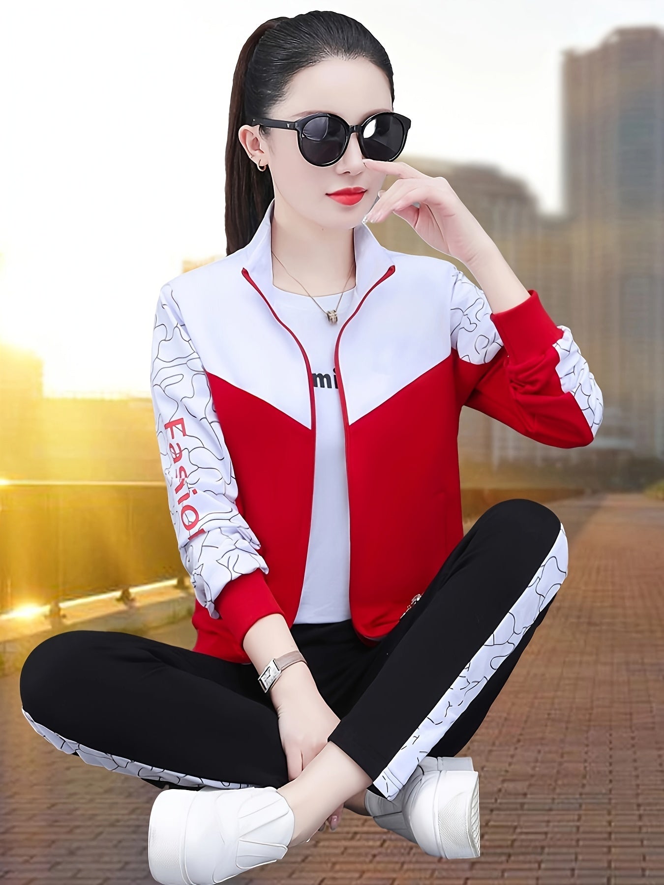 Komfortowy i Stylowy Dres dla Kobiet - Sabine-Pomarańczowy - Biały-M-Trend Polska