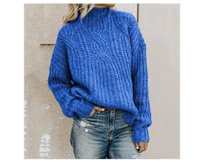 Komfortowy sweter z dzianiny z golfem - Elise-Niebieski-XS-Trend Polska