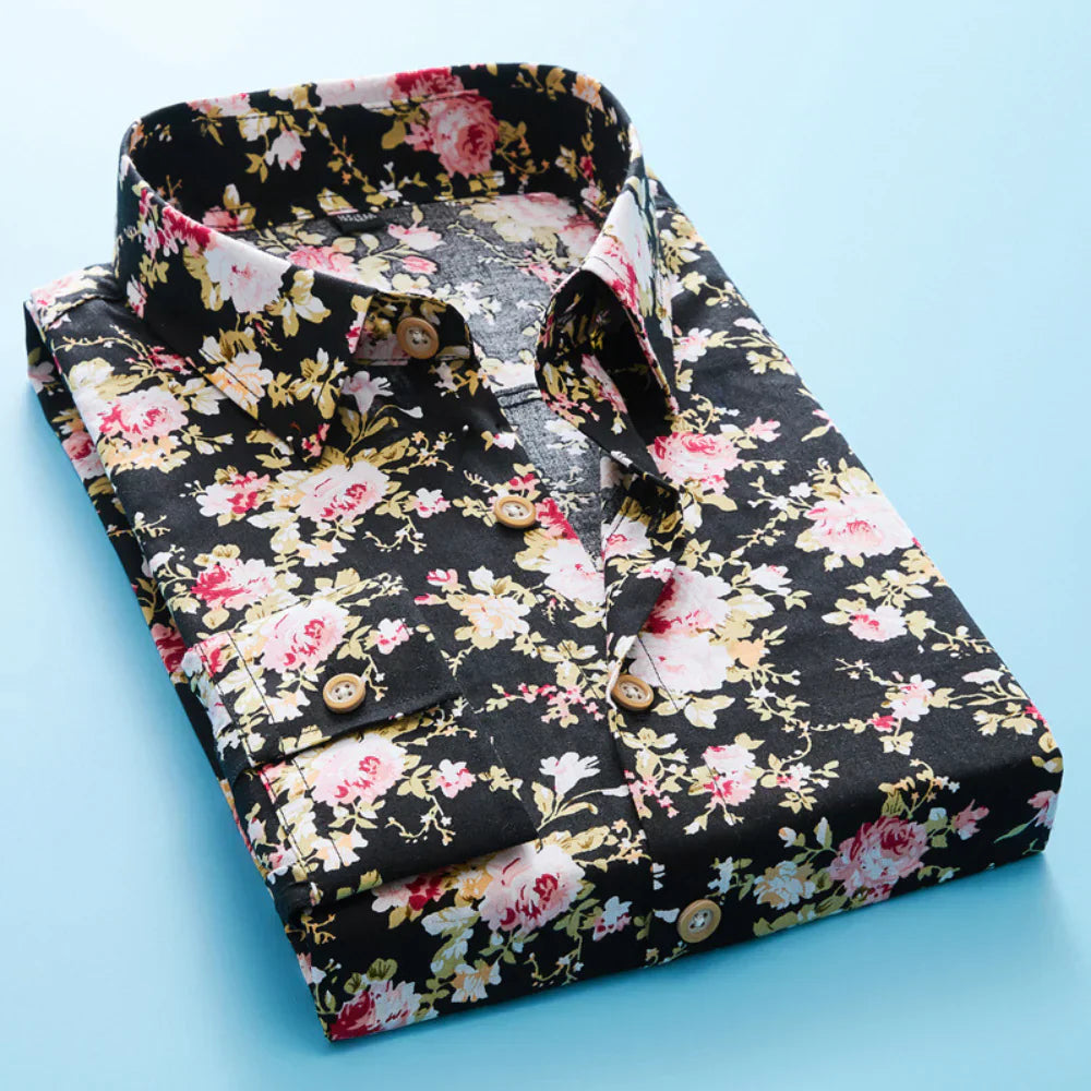 Koszula męska z kwiatowym wzorem i krótkim rękawem – Florado-Czarny-S-Trend Polska