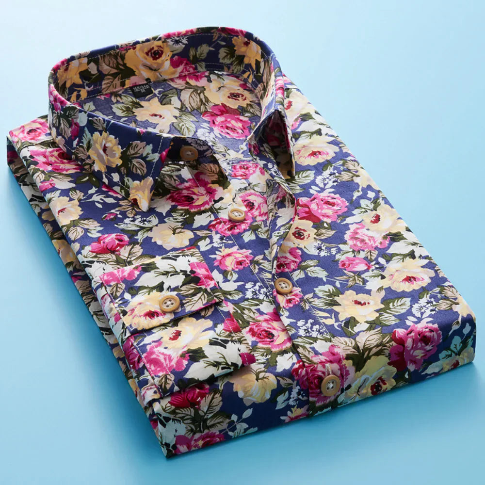 Koszula męska z kwiatowym wzorem i krótkim rękawem – Florado-Niebieski-S-Trend Polska