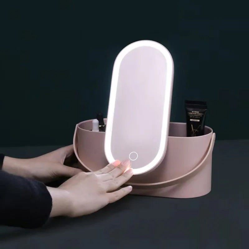 Kuferek na makijaż z lustrem LED - Lumivault-Różowy-Trend Polska