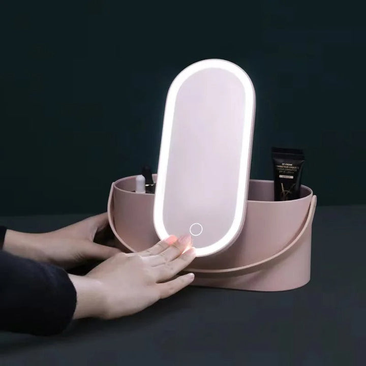 Kuferek na makijaż z lustrem LED - Lumivault-Różowy-Trend Polska