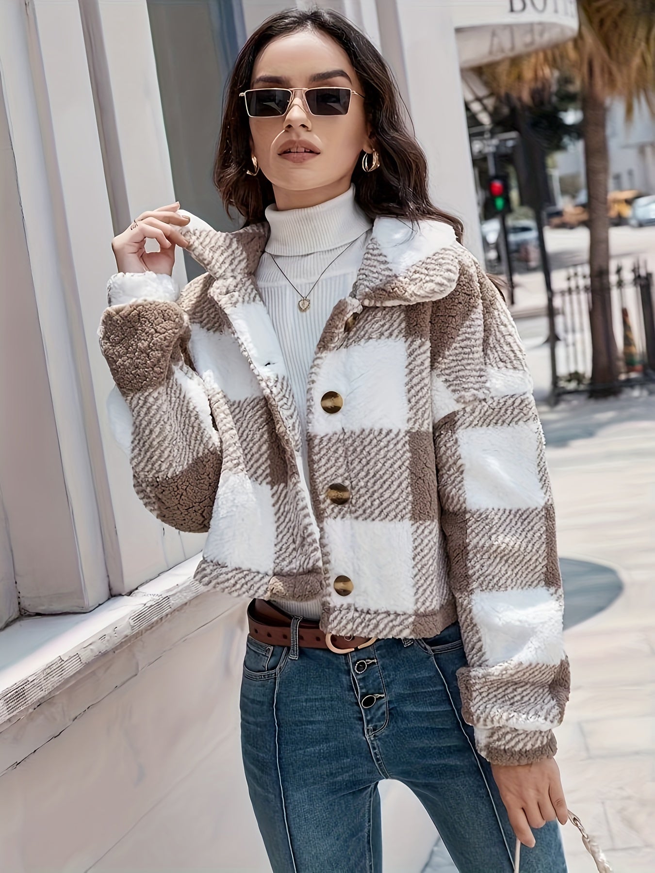 Kurtka teddy w kratkę z zapięciem na guziki - Clara-Brązowy-XS-Trend Polska