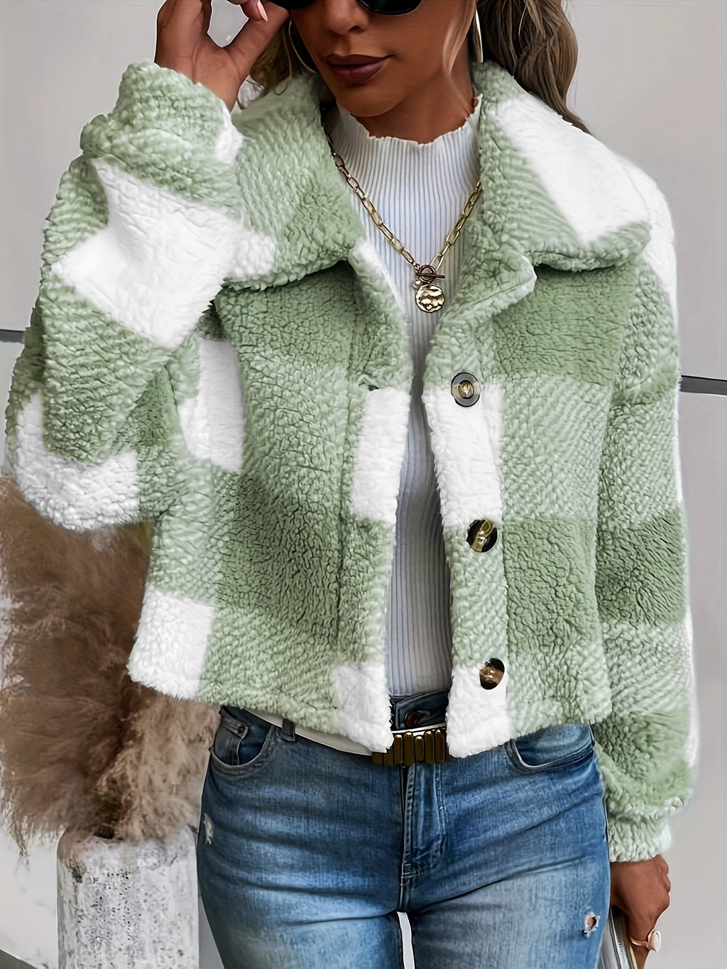 Kurtka teddy w kratkę z zapięciem na guziki - Clara-Zielony-XS-Trend Polska