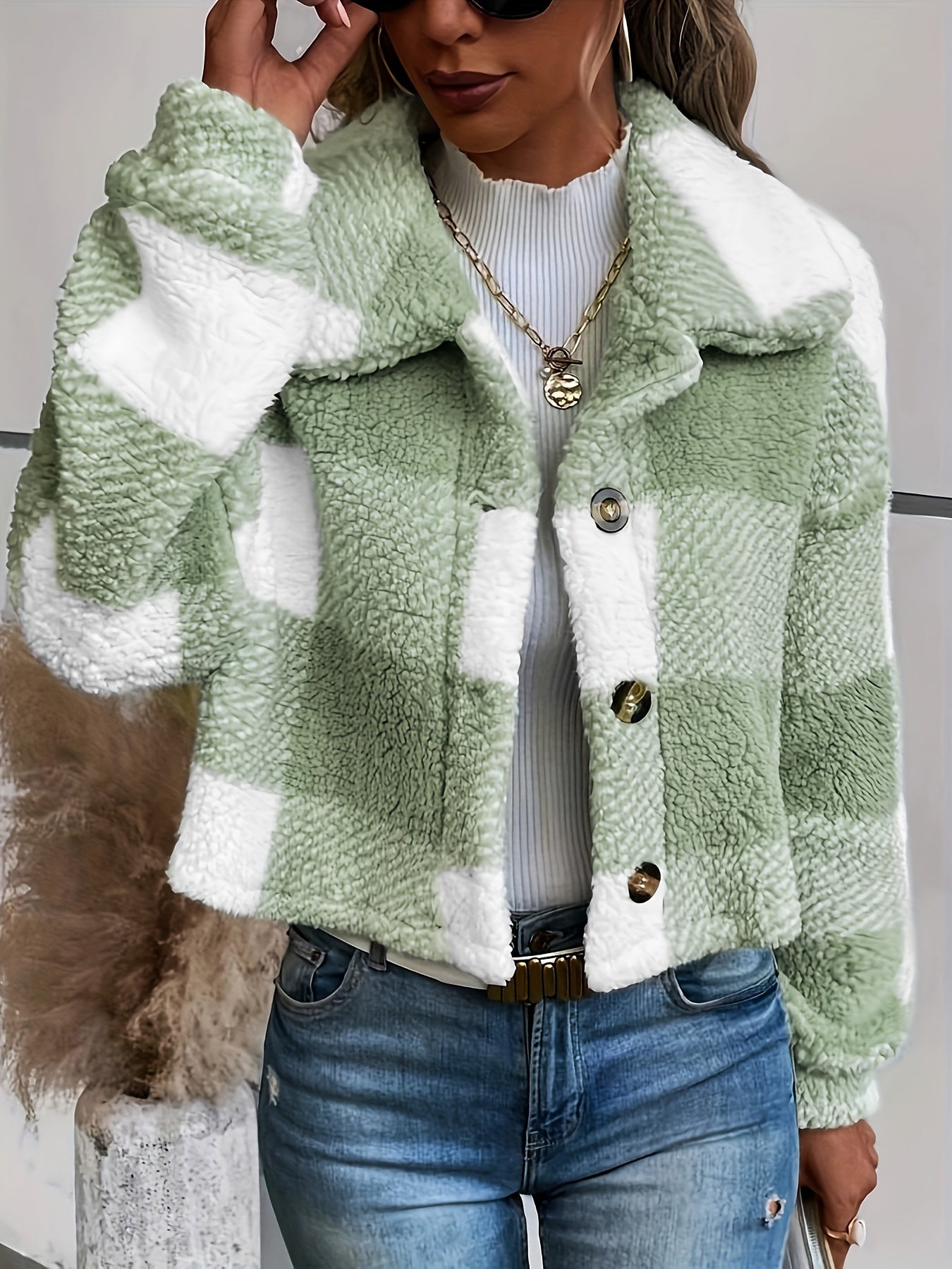 Kurtka teddy w kratkę z zapięciem na guziki - Clara-Zielony-XS-Trend Polska